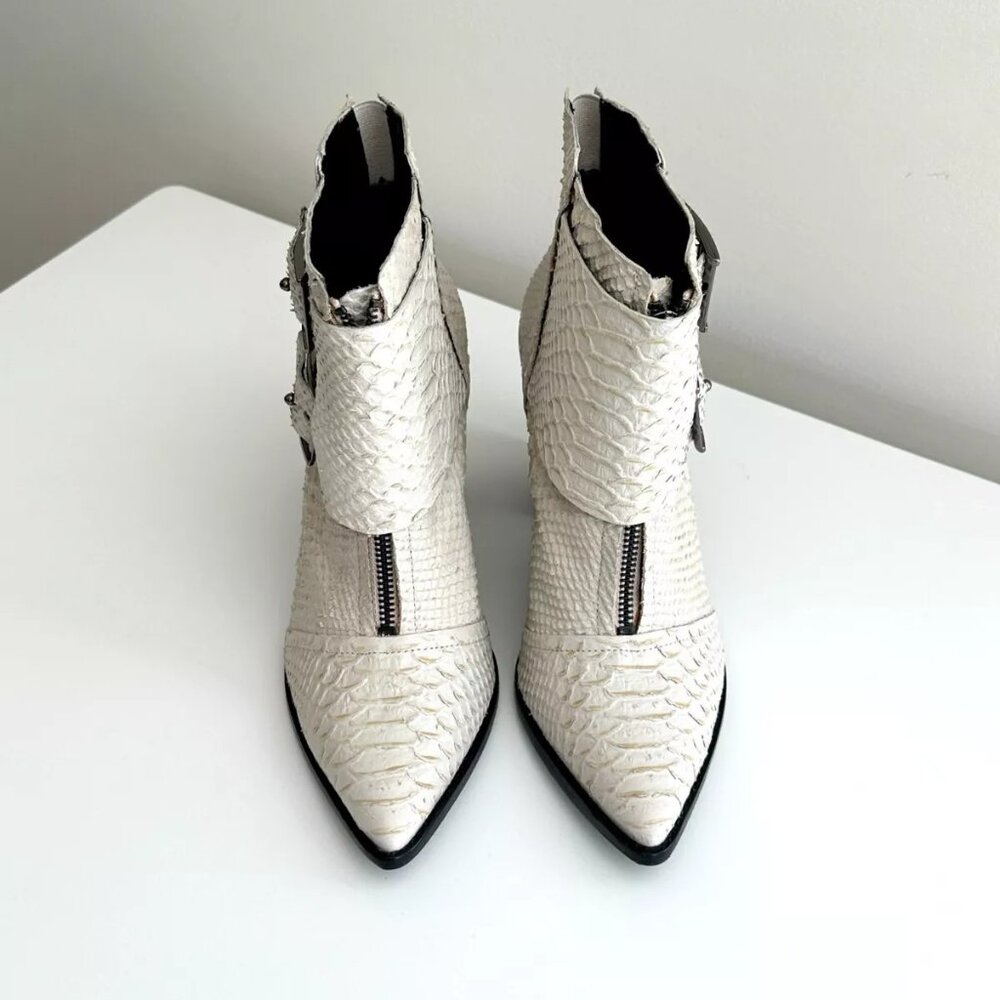 Women's TIBI Off White Snakeskin Leather Ankle Zip Buckle Boots (US 8.5)